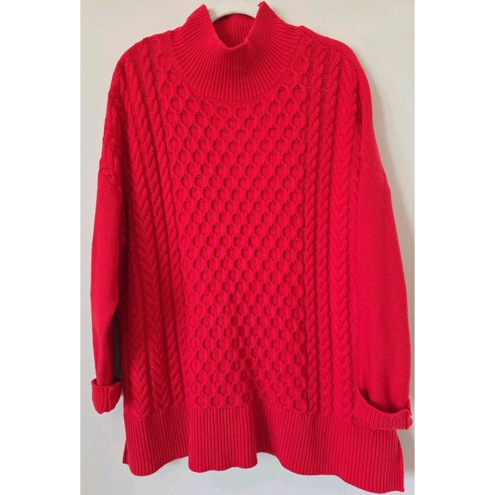 Crown & Ivy Red Oversized Sweater Cable Knit Mock Neck Cuffed Womens Size L